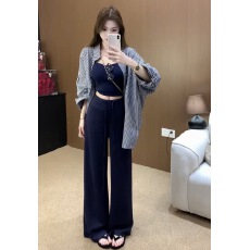 批发复古减龄慵懒风条纹衬衫内搭V领小吊带背心<b class='q'>高腰</b>阔腿休闲裤三件套