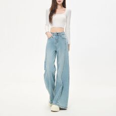 批发美式浅蓝宽松阔腿牛仔<b class='q'>裤</b>女春秋<b class='q'>大</b>码胖mm复古高腰垂感拖地梧桐<b class='q'>裤</b>子