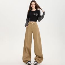 批发秋季新款2025爆款美式复古侧缝拉高设计宽松显瘦拖地<b class='q'>牛仔裤</b>女