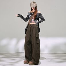 批发复古豹纹拖地工装阔腿裤女<b class='q'>欧洲站</b>2025秋装新款女装休闲裤子潮