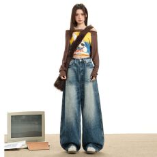 批发2025实拍秋冬复古水洗弯刀阔腿牛仔<b class='q'>裤</b>女宽松<b class='q'>显瘦</b>休闲直筒<b class='q'>裤</b>长<b class='q'>裤</b>子