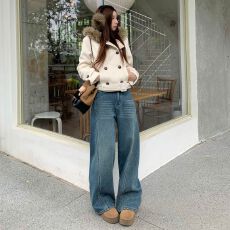 批发2025实拍秋冬复古加绒保暖高腰阔腿牛仔<b class='q'>裤</b>女<b class='q'>宽松</b>显瘦休闲直筒<b class='q'>裤</b>拖