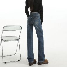 批发美式深蓝<b class='q'>牛仔裤</b>女新款弹力窄版百搭修身<b class='q'>显瘦</b>直筒长裤子