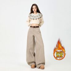 批发2025实拍奶咖色加绒牛仔<b class='q'>裤</b>女冬季新款<b class='q'>气质</b>高腰宽松阔脚<b class='q'>裤</b><b class='q'>休闲</b>百搭