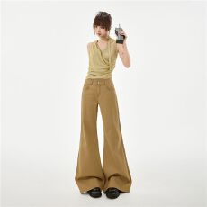 批发2026春季新款咖色休闲柔软<b class='q'>弹力</b>微喇不贴腿<b class='q'>牛仔裤</b>女美式宽松显瘦喇