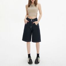 批发2026实拍美式复古高腰双扣宽松阔腿裤<b class='q'>百</b>搭显瘦五分裤<b class='q'>直筒</b><b class='q'>牛仔裤</b><b class='q'>女</b>