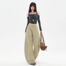 批发2026实拍美式复古｜解构弯刀设计｜低腰宽松阔腿工装裤女