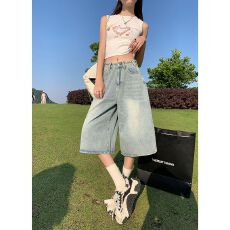 批发2026实拍热卖美式高街复古水洗高腰宽松阔腿七分裤潮酷<b class='q'>秋冬</b>百搭牛