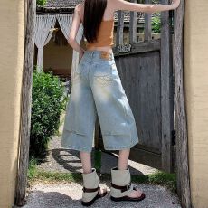 批发美式宽松牛仔七分裤<b class='q'>女</b>夏季个性裤脚宽松阔腿高街小个子直筒中裤<b class='q'>女</b>
