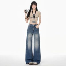 批发美式复古水洗多排扣<b class='q'>牛仔裤</b>女2026夏季新款百搭休闲宽松直筒裤子