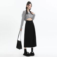 批发黑色高腰半身裙女秋冬季新品西装裙显瘦中长款开叉翻边<b class='q'>包臀</b>裙