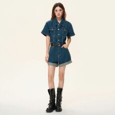 批发港风牛仔<b class='q'>连体</b>套装短裤女夏2026新款设计感小个子宽松阔腿卷边短裤