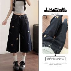 批发新品丹宁蓝刺绣小狗七分<b class='q'>牛仔裤</b>女夏季新款宽松直筒显瘦中裤