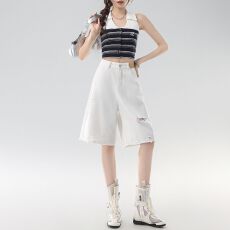 批发白色破洞五分阔腿牛仔短裤女外穿夏季薄款设计感高腰宽松直筒中裤