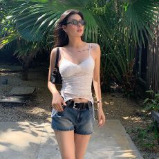 普吉岛 26年夏季新款 巴黎腔调 蓝色复古水洗牛仔短裤女