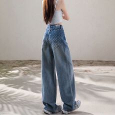 批发新款设计感印花<b class='q'>牛仔裤</b>女可调节腰宽松垂感阔腿显瘦百搭直筒拖地裤