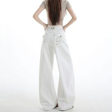 批发新款巴黎扣调节腰设计感白色牛仔裤女<b class='q'>高腰</b>宽松垂感阔腿百搭拖地裤