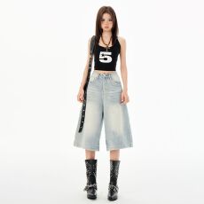 批发浅蓝色阔腿七分牛仔裤女2026年春夏季新款<b class='q'>高腰</b>显瘦宽松垂感裤子