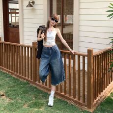 批发26 trend｜美式复古磨破宽松<b class='q'>牛仔裤</b>新款&刺绣百搭七分阔腿<b class='q'>牛仔裤</b>