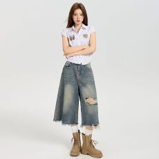 批发美式街头高腰破洞阔腿<b class='q'>牛仔裤</b><b class='q'>女</b>夏季宽松休闲水洗<b class='q'>直筒</b>七分裤潮