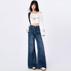 复古微喇牛仔裤女秋季2026美式高腰垂感小众前口袋弹力阔腿喇叭裤