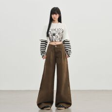 批发新款棕咖色美式复古<b class='q'>阔腿裤女</b>高腰褶皱宽松垂感直筒拖地裤
