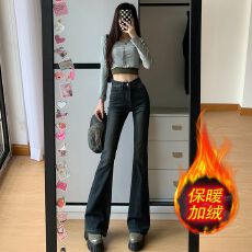 批发秋季新款<b class='q'>高腰</b>皮牌小众设计立体剪裁显高显瘦修饰腿型喇叭牛仔裤女