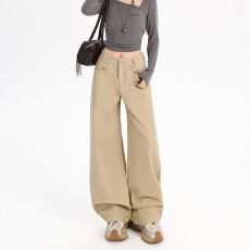 批发卡其色垂感阔腿牛仔<b class='q'>裤</b>女新款美德拉宽松显瘦直筒拖地<b class='q'>裤</b>