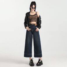 批发九分阔腿牛仔裤女2026秋冬新款杏色高腰宽松显瘦直筒<b class='q'>休闲</b>裤子