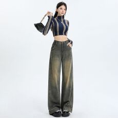 批发2026春秋款<b class='q'>欧美</b>高街牛仔<b class='q'>裤</b>女个性时尚复古做旧慵懒风阔腿拖地<b class='q'>裤</b>
