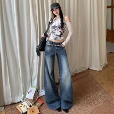 批发韩里韩气妮味穿搭 低腰竹节纹牛仔<b class='q'>裤</b>女显瘦直筒阔腿<b class='q'>裤</b>