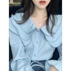 批发蓝色<b class='q'>娃娃领</b>雪纺衬衫女早春设计感小众荷叶边衬衣法式减龄漂亮小衫