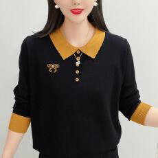 批发撞色翻领套头针织衫<b class='q'>中年</b><b class='q'>妈妈装</b>2025秋冬休闲打底小衫气质刺绣上衣