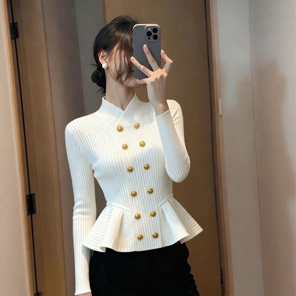 MY16594# 高级感双排扣立领长袖针织女气质显瘦修身毛衣打底衫上衣女裝...