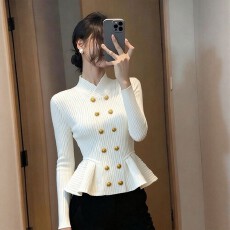 批发高级感双排扣立领长袖针织女气质显瘦修身毛衣打底衫上衣