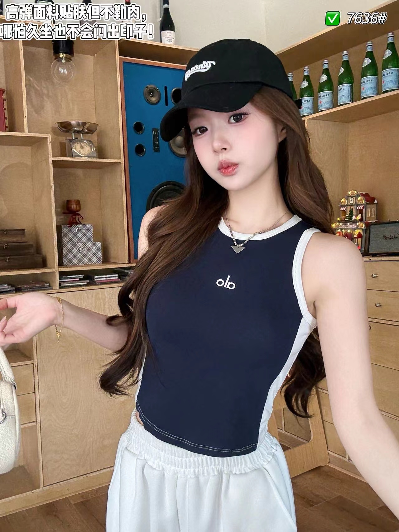 MY16589# 新款休闲风撞色绣花设计背心修身显瘦女固定带胸垫百搭女裝貨...