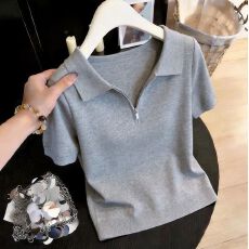 批发休闲风灰色<b class='q'>polo</b>领针织t恤女2026春夏新款拉链设计感超火减龄上衣