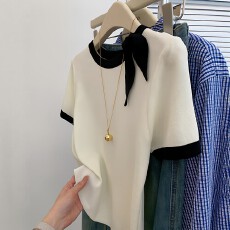 批发撞色蝴蝶结短2026春夏袖t恤女小个子短款正肩直筒上衣独特设计感