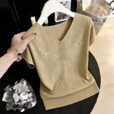 批发纯色韩版轻奢温柔V领短袖T恤女2026春夏新款宽松显瘦气质百搭上衣