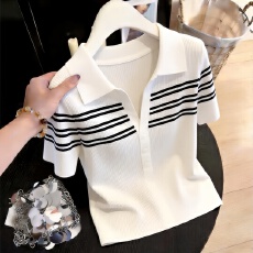 批发<b class='q'>polo</b><b class='q'>衫</b>短袖t恤女士2026春夏新款穿搭正肩条纹针织短袖上衣高级感