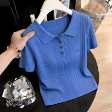 批发2026春夏季新款女蓝色<b class='q'>polo</b>领短袖针织<b class='q'>衫</b>女时尚翻领修身减龄上衣服