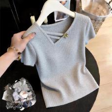 批发法式简约v领短袖T恤<b class='q'>针织衫</b>女2026春夏新款设计感小众修身显瘦上衣