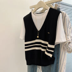 批发设计感撞色拼接圆领假两件<b class='q'>针织衫</b>女款2026春夏小个子气质百搭上衣