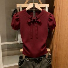 批发高级感系带V领<b class='q'>针织衫</b>女2026春夏大码胖mm复古百搭修身显瘦T恤上衣