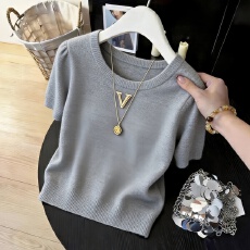 批发减龄<b class='q'>圆领</b>字母正肩短袖针织<b class='q'>T</b><b class='q'>恤</b>女2026春夏新款修身显瘦百搭上衣潮