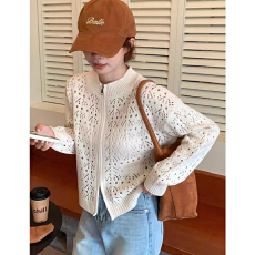 批发韩系复古镂空拉链外套女秋季新款设计感短款针织开衫上衣