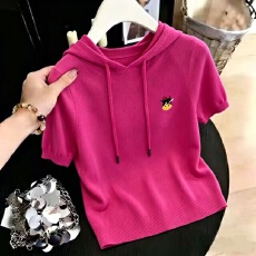 批发2026夏季女针织短款宽松冰丝上衣连帽卫衣薄款打底衫