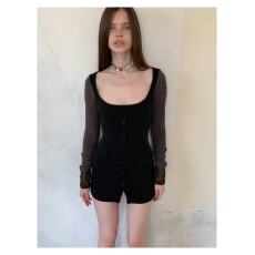 批发杂食universe 复古织物<b class='q'>可爱</b>俏皮拼接修身长袖<b class='q'>连衣裙</b>包臀短裙子女