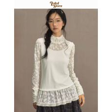 批发LOLOL迷雾城堡假两件内搭半高领蕾丝网纱<b class='q'>打底衫</b>女t恤2025新款