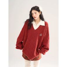 批发AONW新年红色毛衣女<b class='q'>翻领</b>拼接假两件学院风秋冬宽松本命年穿搭上衣